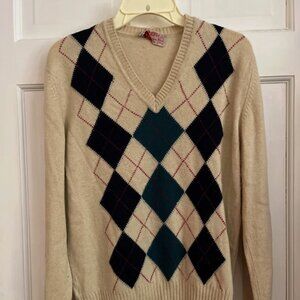 Vintage JAEGER Men's V-Neck Argyle Cashmere Sweater Scotland Size Small/Medium